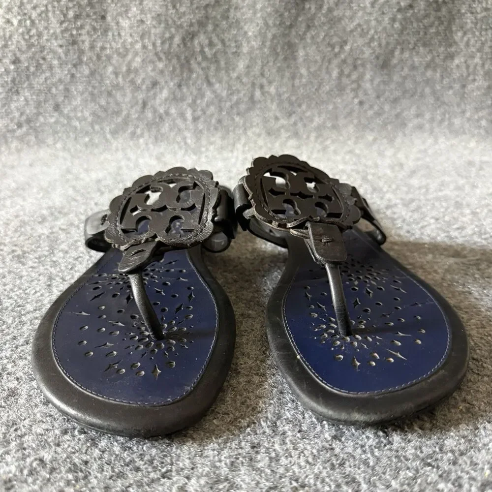 Tory Burch Miller Scalloped Blue Black Thong Sandals Slip-On Flat Cut-Out 10 M